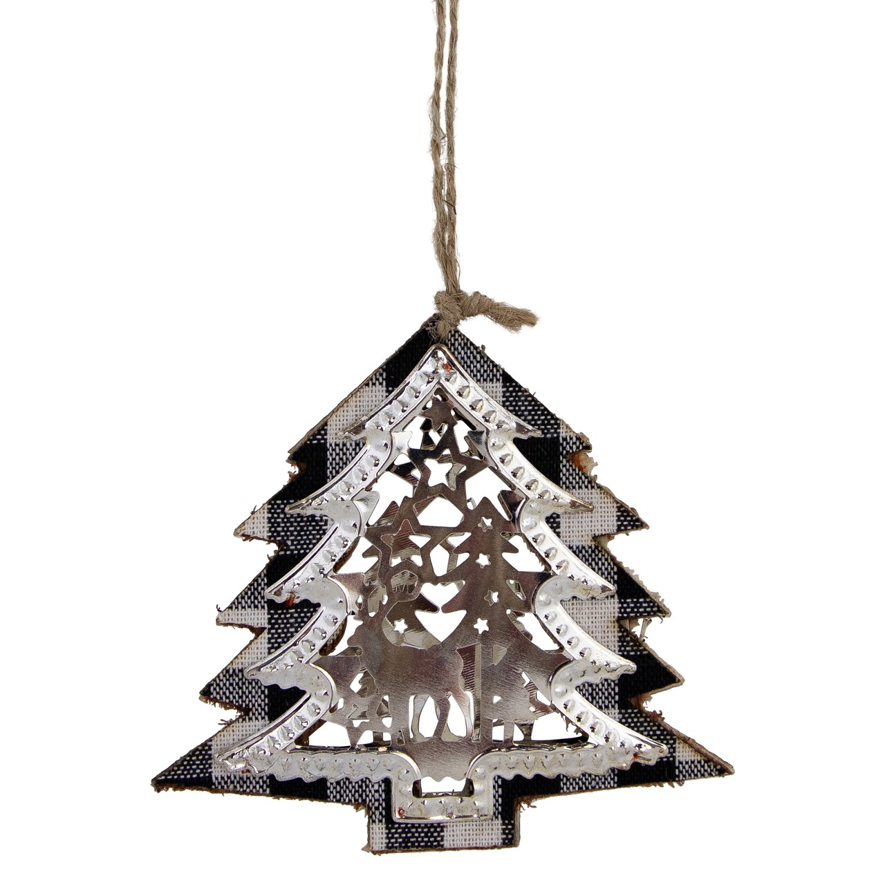 Northlight 4" Black and White Buffalo Plaid  Christmas Tree with Reindeer Ornament